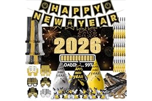 KINNJAS New Years Eve Party Supplies 2026 for 96, New Years Eve Party Decorations, a Banner, 48 Cone Hats, 48 Glasses, 98 Blowouts, 48 Leis, 50 Necklaces and a Backdrop, Great NYE Decorations Pack