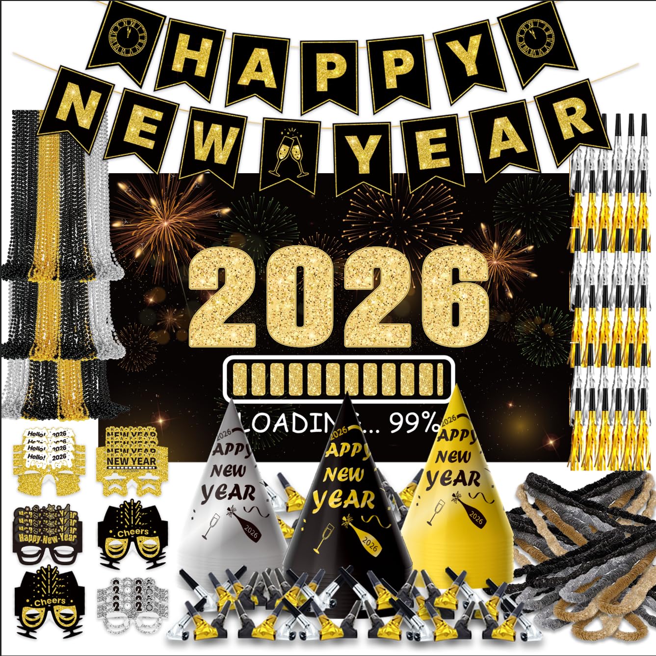 Photo 1 of New Years Eve Party Supplies 2026 for 96, New Years Eve Party Decorations, a Banner, 48 Cone Hats, 48 Glasses, 98 Blowouts, 48 Leis, 50 Necklaces and a Backdrop, Great NYE Decorations Pack
