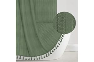 Seasonwood Boho Green Shower Curtain for Bathroom 72 X 72 Inches Textured Vertical Stripe Tassel Shower Curtains Farmhouse Minimalist Cute Shower Curtain Green