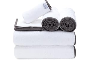 Macouba Bath Towel Set of 6 – White Bath Towels with Grey Trim - 2 Bath, 2 Hand, 2 Face, Luxury Bath Towels, Bathroom Towels Set, White Grey Towels – 100% Cotton, 600 GSM, Soft Towels for Bathroom