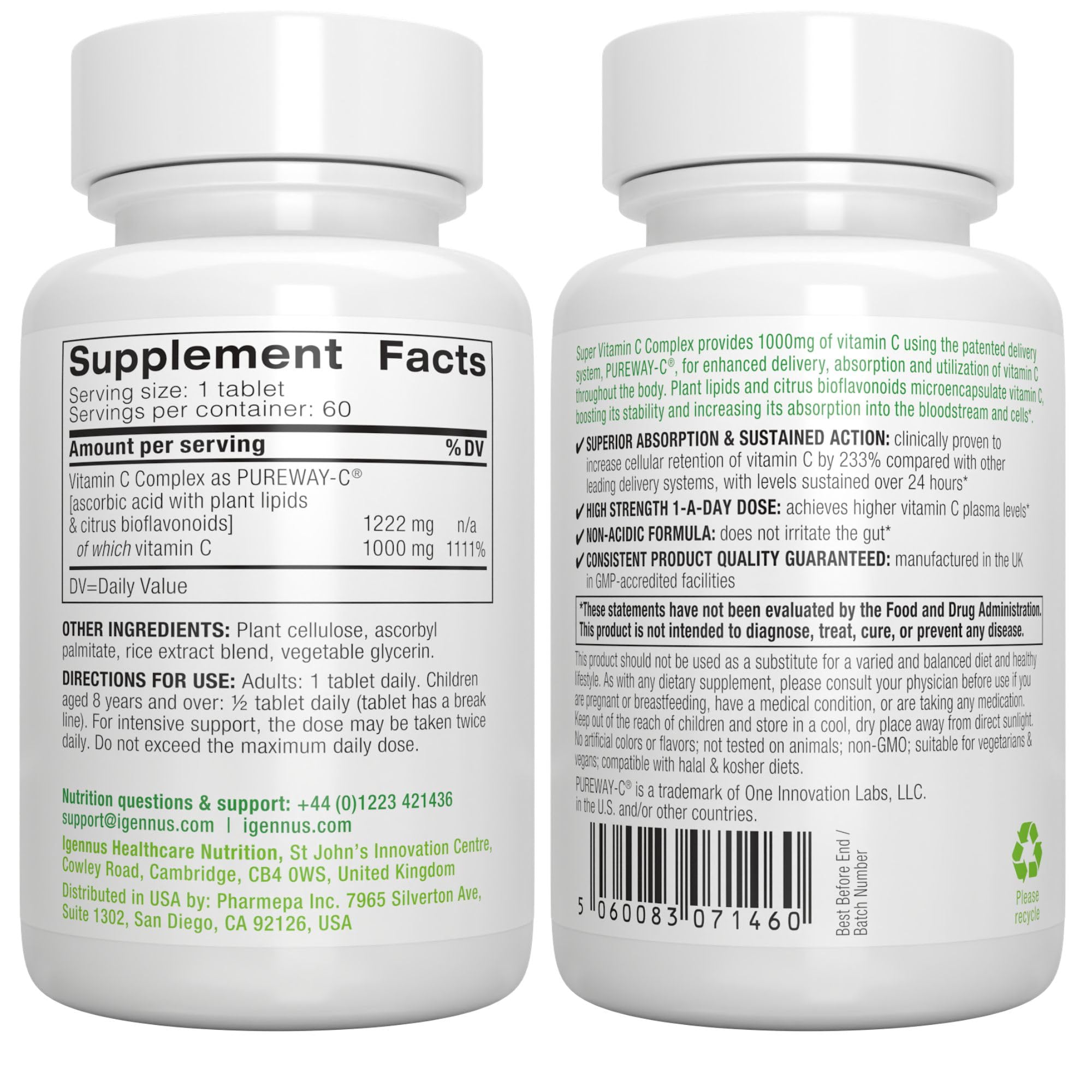 High Absorption Super Vitamin C, Clean Label Pureway-C 1000mg, Vegan Vitamin C with Bioflavonoids, 60 Servings, 24-Hour Action, Immune Health, Energy, Heart & Brain, by Igennus