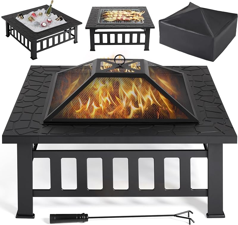 Yaheetech Square Fire Pit 86cm Outdoor Patio Heater Table with Cover