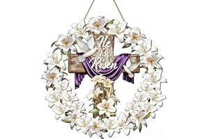He is Risen Door Wreath with Cross Lily Wreath Easter Front Door Sign Religious Easter Wreaths Decor for Church Holy Week Chr