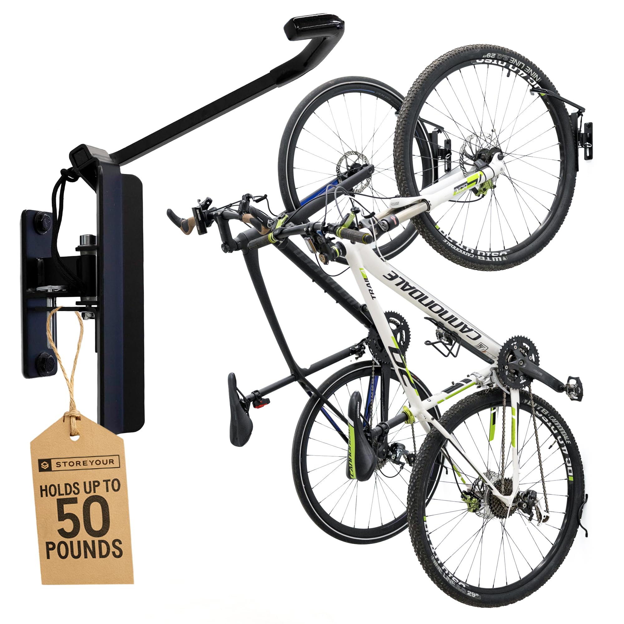 StoreYourBoard Bike Wall Mount | Garage Bike Rack Wall Mount | Bike Wall Hanger, Vertical Bike Rack Bicycle Wall Mount Hook with 124° Swivel Stopper | Pack of 2, Max 2.6” Tyres, 23kg Capacity, Black — image 1
