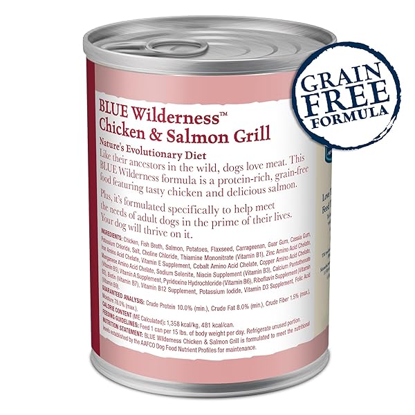 BLUE BUFFALO WILDERNESS ADULT WET DOG FOOD, HIGH-PROTEIN & GRAIN-FREE, MADE WITH NATURAL INGREDIENTS, SALMON & CHICKEN GRILL, 12.5-OZ. CANS, 12 COUNT