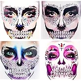 Day Of The Died Skull Face Gems Jewels, 4-Pack Temporary Rhinestone Face Tattoo, Face Stickers Gems Jewels for Halloween