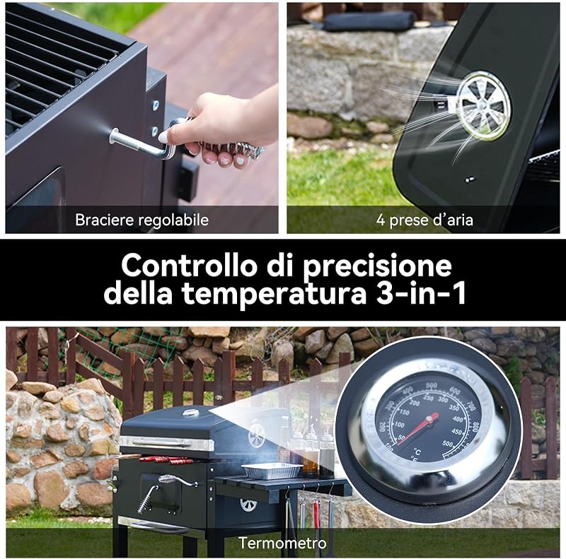 Barbecue a Carbonella, Barbecue con Coperchio, Superficie Cottura: 56×42,5 cm, Vassoio Carbone Regolabile in Altezza, Tavolino Laterale Pieghevole, Con Copertura Barbecue da Esterno