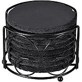 Slate Drink Coasters with Metal Holder, GOH DODD Set of 8 Black Coasters, 4 Inch Stone Coaster Set Tabletop Protection for Home Outdoor Kitchen Apartment Decor Housewarming Gifts Wedding Party, Round