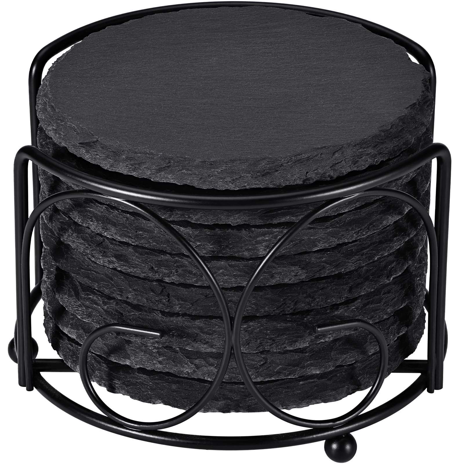 Slate Drink Coasters with Metal Holder, GOH DODD Set of 8 Black Coasters, 4 Inch Stone Coaster Set Coffee Table Decor Tabletop Protection for Home Kitchen Housewarming Gifts Wedding Party, Round