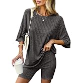 Ekouaer Women's Summer 2 Piece Sets Ribbed Knit Oversize Top and Shorts Set | Loose Top and Bodycon Shorts Set,Summer Outfits