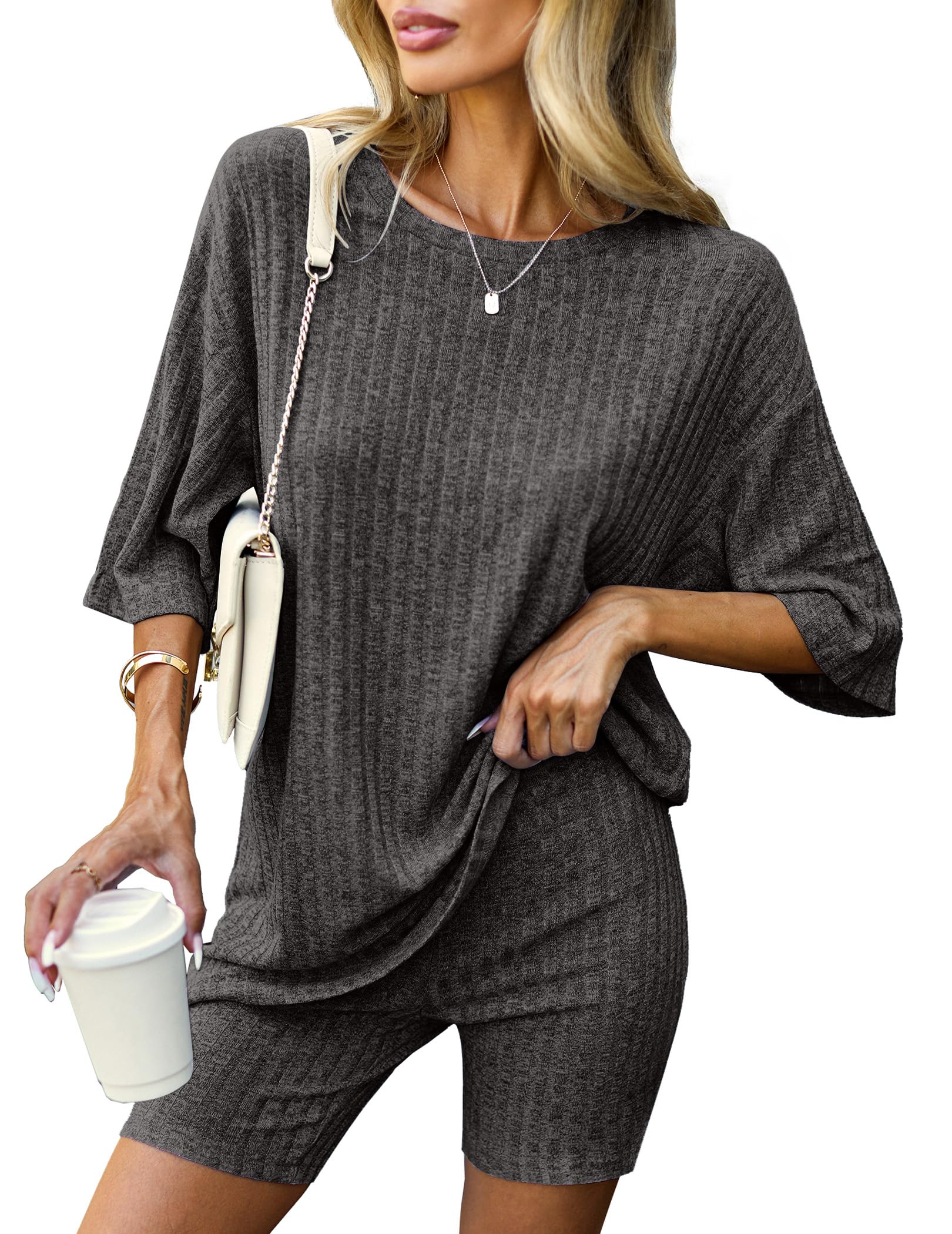 Photo 1 of *** CHECK COIMMENTS** Ekouaer Pajamas 2 Piece Lounge Sets Ribbed Knit Matching Outfits T-shirt Biker Shorts Sleepwear Loungewear Sweatsuits Black Grey XX-Large