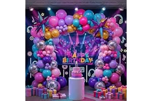 K-Pop Music theme Birthday Decorations with backdrop poster & Hot pink Yellow Pink Purple Balloon Arch & Disco Ball Star Expl