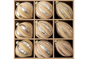 DN DECONATION Christmas Glass Ornaments, Flocked Velvet Hanging Ball Ornament with Assorted Sizes & Designs, Yellow Matte Ornament for Xmas Tree Decor Vintage Home Party (9PCS)