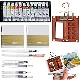 Pocket Artist Watercolor Travel Set, with 1 Walnut Wood Portable Palette (8 Grids), 12 Vibrant Paints, 2 Sketch Books, 6 Brush Pens, Mini Watercolor Paint Set for Artists, Outdoor or Urban Sketchers