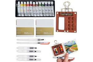 DINGSHENGJIE Pocket Artist Watercolor Travel Set, with 1 Walnut Wood Portable Palette (8 Grids), 12 Vibrant Paints, 2 Sketch Books, 6 Brush Pens, Mini Watercolor Paint Set for Artists, Outdoor or Urban Sketchers