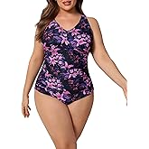 Halcurt Plus Size One Piece Swimsuit for Women Twist Front Tummy Control Full Coverage Retro Bathing Suit Black Purple Floral 1X