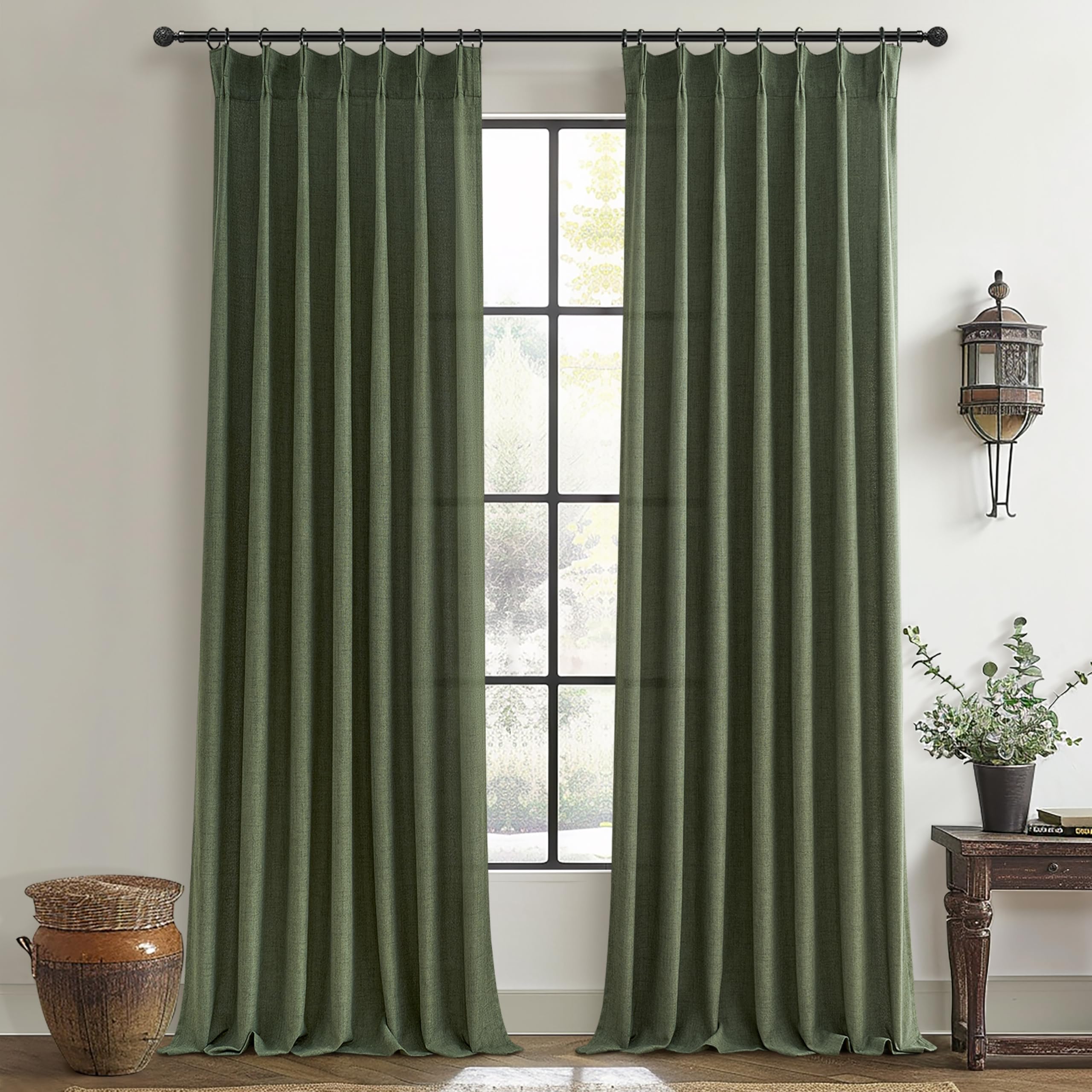 Photo 1 of PleatedDrapes Vintage Moody Green Lodon Curtains for Living Room, Linen Blend Semi Sheer Pinch Pleated Drapes 108 Inches Long 2 Panels Set Light Filtering Privacy Window Olive Dark Academia Decor