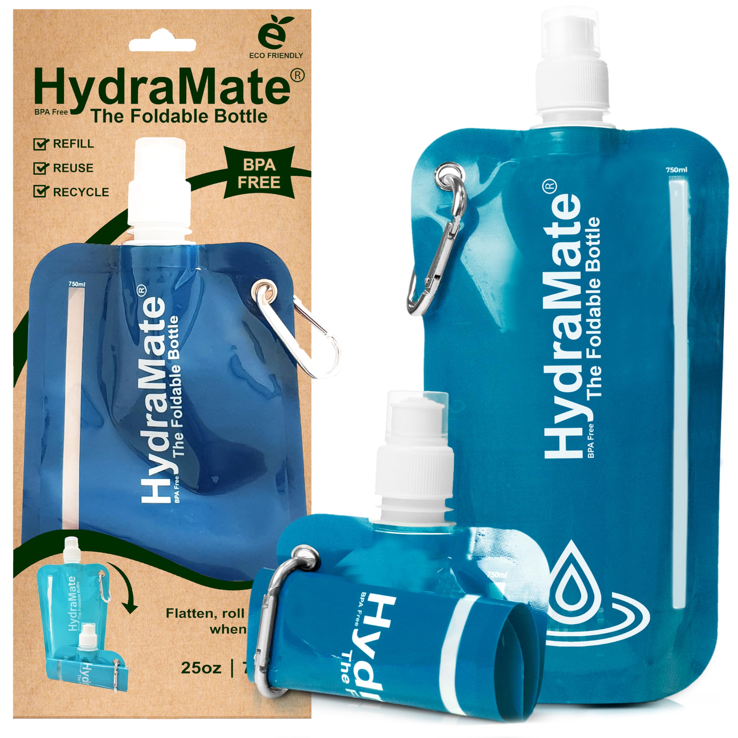 HydraMate Collapsible Water Bottle - 750ml, BPA Free. Lightweight, Foldable, Roll Up, Squeezable Pouch, Carabiner Clip - Perfect for Travel, Festivals, Hiking, Camping. Blue