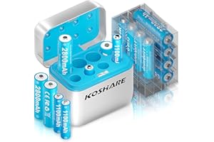 KOSHARE Rechargeable AA AAA Batteries with Charger 16Pcs,1.2V Ni-MH Rechargeable Batteries with 8 * 2800mAh AA and 8 * 1100 mAh AAA,Pre-Charge,Type-C and 8 Slot Charger
