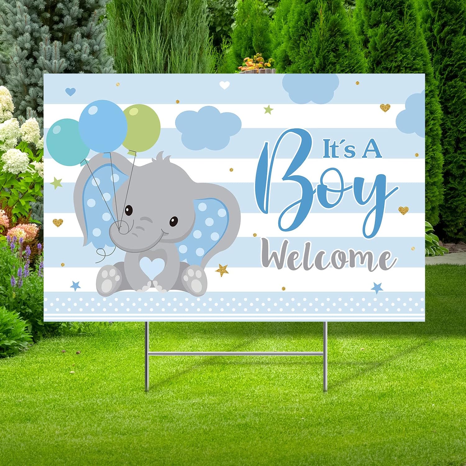 Yard Signs - Capoda Baby Shower Yard Sign with Stake Gender Reveal Yard Sign Blue Pink Elephant Lawn Sign Gender Reveal Lawn Sign Welcome Baby Announcement Sign for Outdoor Baby Shower Decorations (It's Boy)