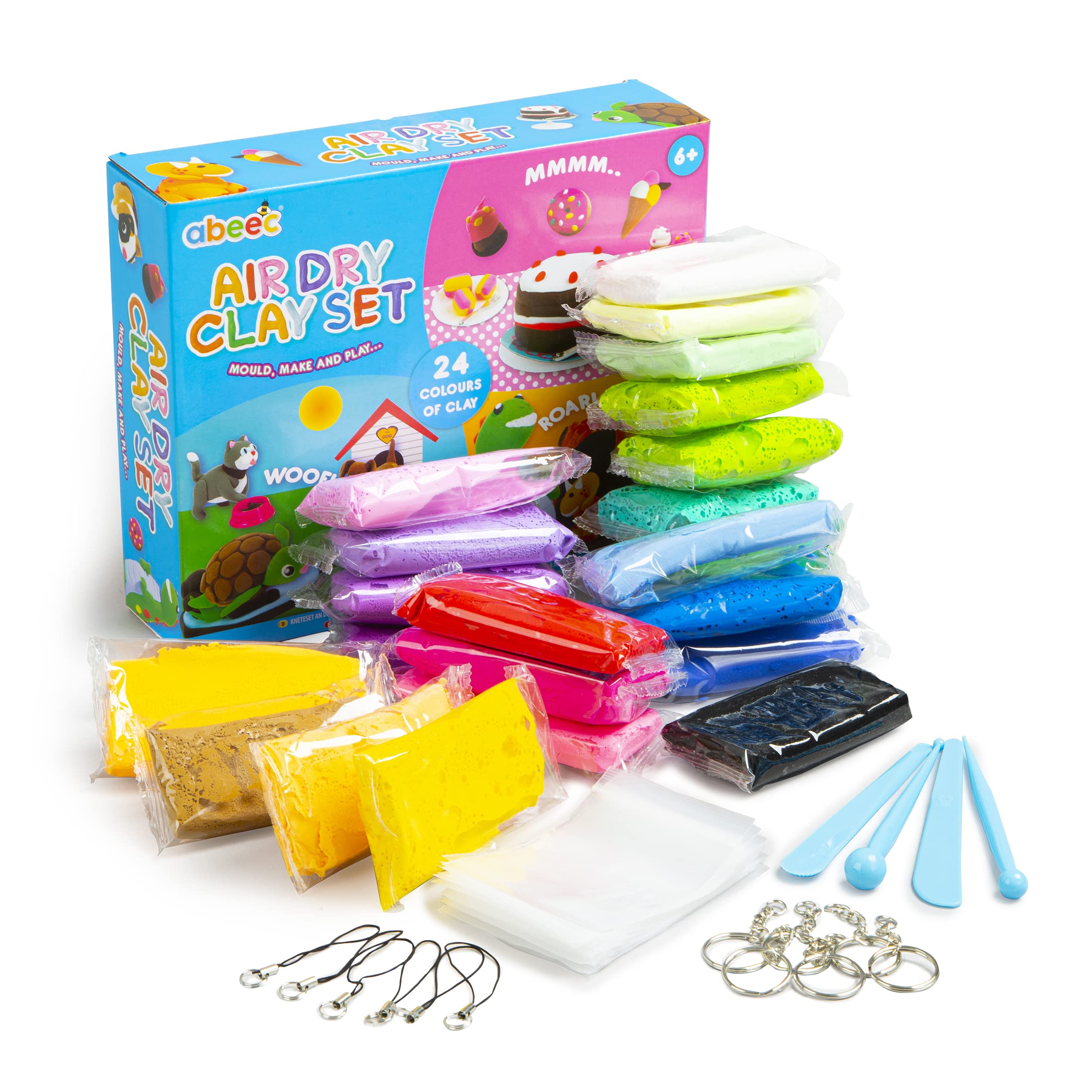 abeec Air Dry Clay Kit for Kids - 24 Colours Modelling Clay Set with Tools & Keyring Accessories - Soft Magic Clay Arts and Crafts Kit - Non-Toxic Creative Activity Set for Children Ages 5+