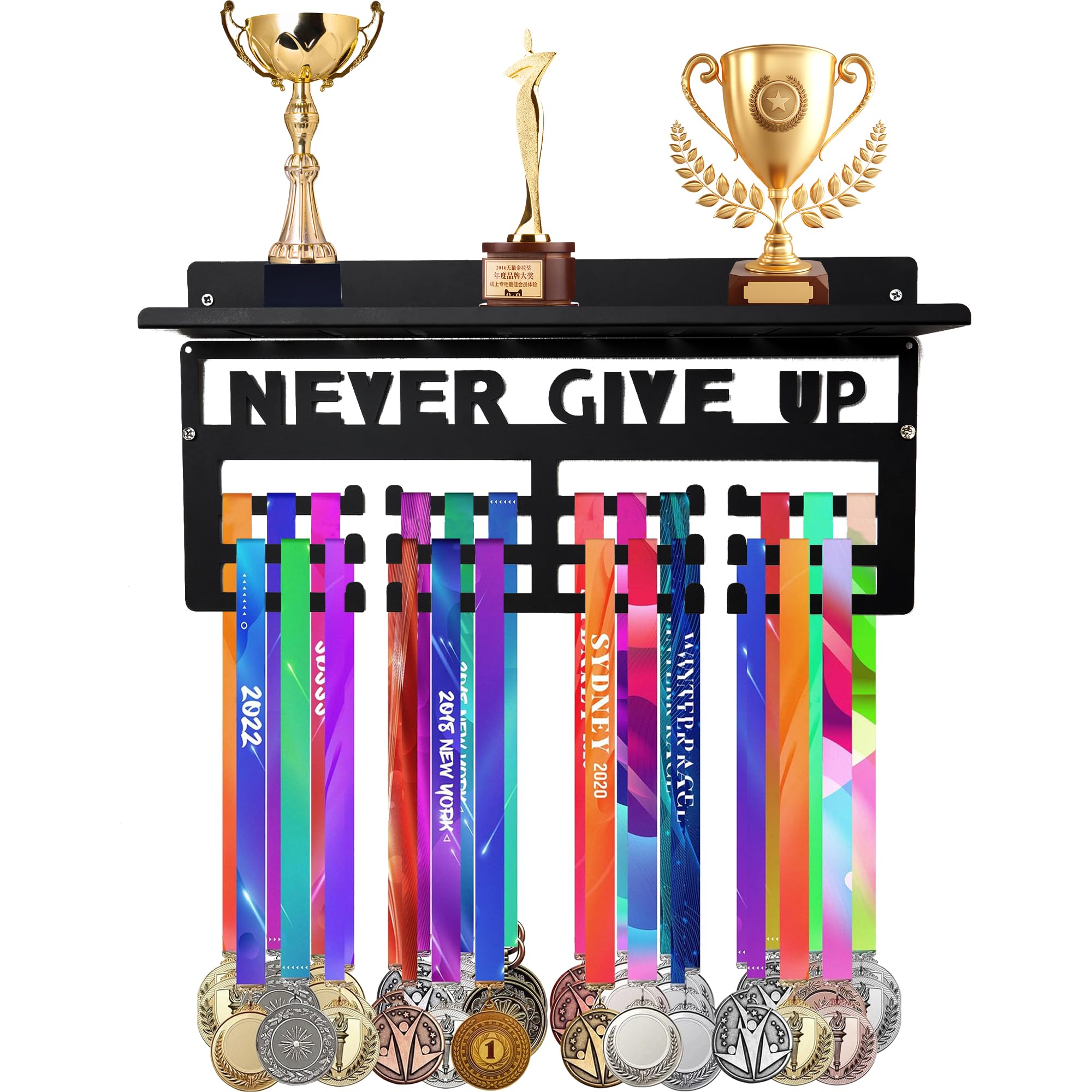 Photo 1 of Defined Deco 16"Medal Hanger Display and Trophy Shelf with Hooks,Metal Awards Rack for Walls Holds 64+ Sports Medals-Never Give Up Award Rack for Gymnastics, Soccer, Running Race Medals