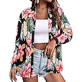 ZXZY Hawaiian Shirts for Women Fall Soft Floral Leaves Print Long Sleeve Button Up Trendy Tops Blouse