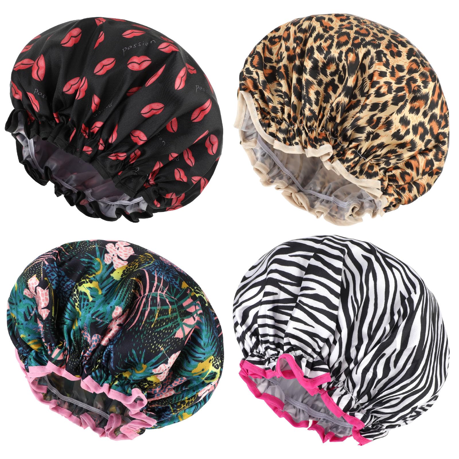 Abeillo 4 Packs Double Layer Shower Caps Reusable Bath Cap Waterproof Elastic Shower Hat Edge Covering Ears for Women Shower Spa Salon