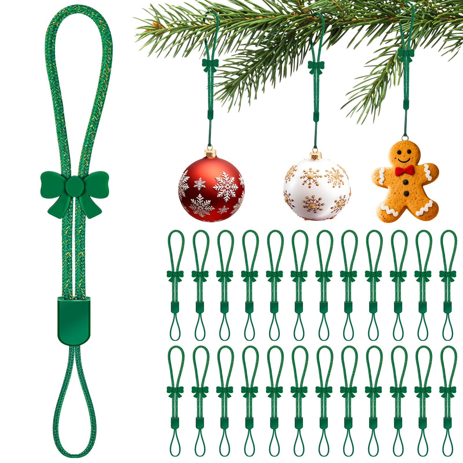 Photo 1 of 24 Pcs Adjustable Christmas Ornament Hooks, No-Slip Cat Child Proof Ornament Hangers String for Hanging Christmas Tree Decorations, Strong Accessorie for Small & Large Ornaments(Shiny Green)