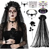 SelfTek Halloween Day of the Dead Costumes for Women | Dia De Los Muertos Headpiece Set, Face Tattoo and Fake Black Rose Floral Crown Sugar Skull Halloween Costume Accessories