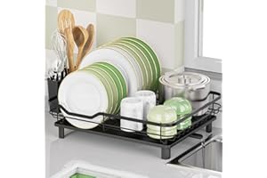 ROTTOGOON Dish Drying Rack, Stainless Steel Rustproof Dish Rack for Kitchen Counter, Sturdy Dish Drainer with Drainboard, Drainage, Utensil Holder for Various Kitchenware, 16.2"(L) x 12.6"(W), Black