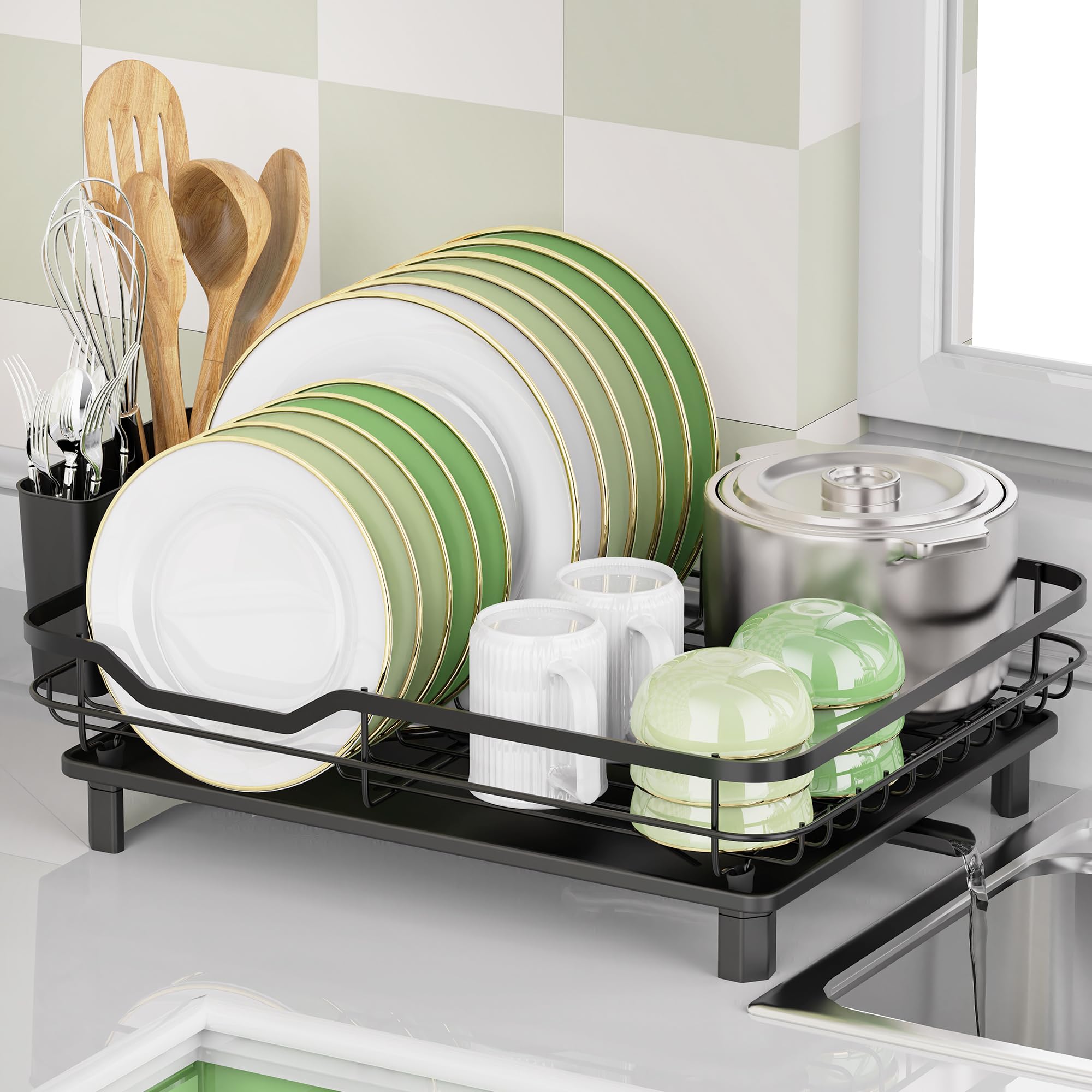 Photo 1 of Dish Drying Rack, Stainless Steel Rustproof Dish Rack for Kitchen Counter, Sturdy Dish Drainer with Drainboard, Drainage, Utensil Holder for Various Kitchenware, 16.2"(L) x 12.6"(W), Black