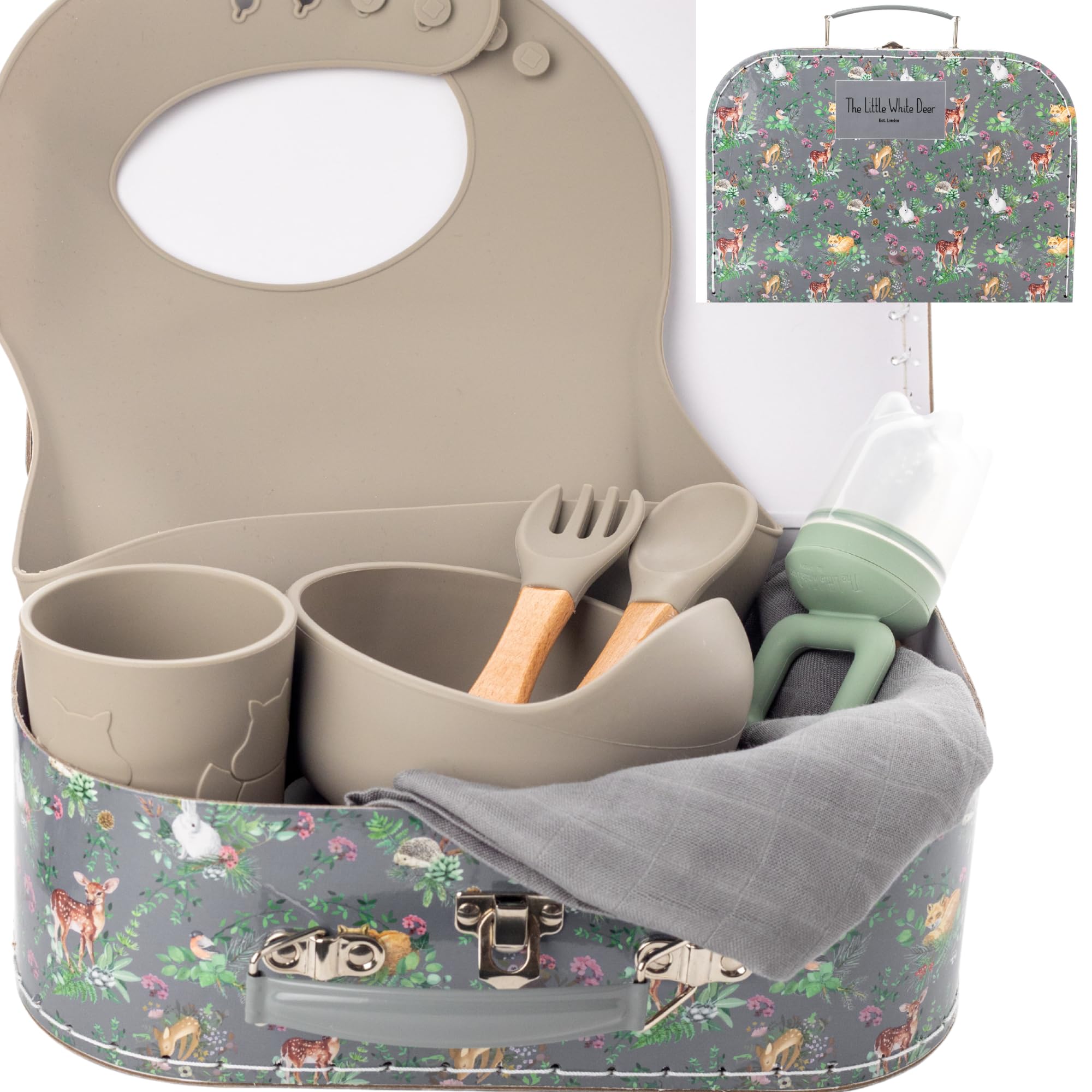 Little White Deer Luxury Newborn Baby First Christmas Organic Gift Set Hamper Baby Shower - UK Company Neutral Boys Girls Present Feeder Teether Visual Cards (Medium Gift Box)