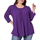 Loveliin Plus Size Tunic Tops for Women 3/4 Sleeve Tunics Loose Fit Shirt Crew Neck Pleated Solid Casual Dressy Blouses