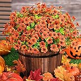 Fall Decor, Fake Mums, Fall Flowers, UV Resistant Artificial Mums for Outdoors, 12 Bundles Faux Mums for Outside, Fall Flowers Plants Artificial for Decoration For Home Porch Thanksgiving,Orange Red