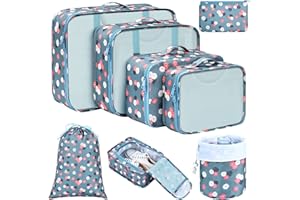 DIMJ 8 Set Packing Cubes for Travel Lightweight Luggage Organizers Suitcase with Laundry Bag & Shoe Bag, Packing Organizers for Luggage with Makeup Bag (Blue Flower)
