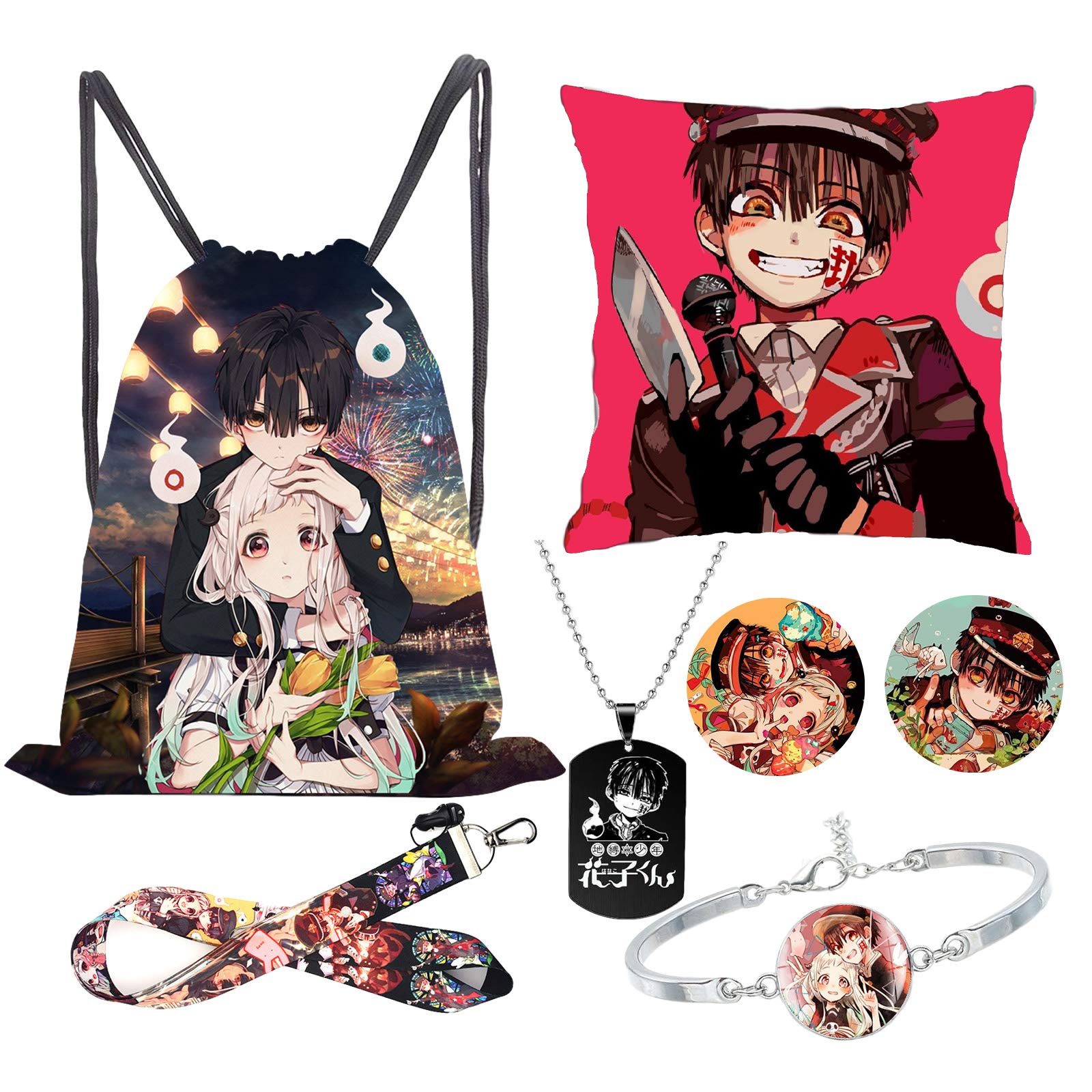 SMILEFUN1 Toilet-Bound Hanako- Kun Bag + 1 Hanakon Kun Pillow Cover + 1 Necklace + 1 Lanyard + 50 Pcs Toilet Bound Hanakon Kun Stickers + 1 Hanakon Kun Bracelet + 2 Button Pins