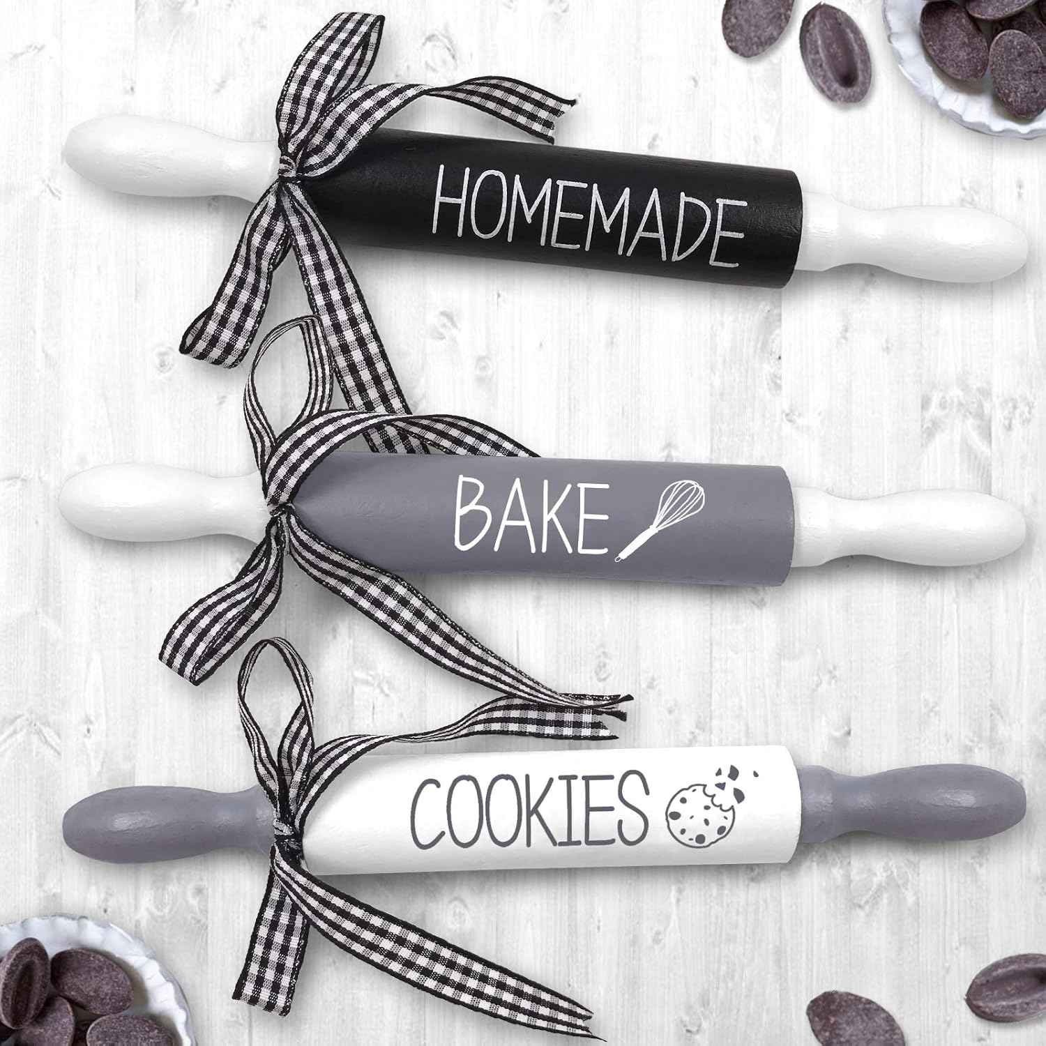 Bake Mini Rolling Pins - Wooden Decorative Favors Kitchen Farmhouse Tiered Tray Decor Set of 3 Rae Dunn Inspired Decoration Homemade Bake Cookies