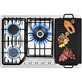 30 Inch Bulit-In Gas Cooktop with Griddle, 5 Italy SABAF Powerful Burners Over 92% High Efficiency, Max 48300BTU Gas Stove Top, 304 Stainless Steel Panel, NG/LPG Convertible, CSA Certified