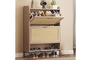 Airynee Rattan Shoe Storage Cabinet with 2 Flip Drawers, Narrow Freestanding Shoe Cabinet for Entryway, Slim Hidden Shoe Organizer Cabinet with Metal Legs for Hallway, Living Room, Bedroom