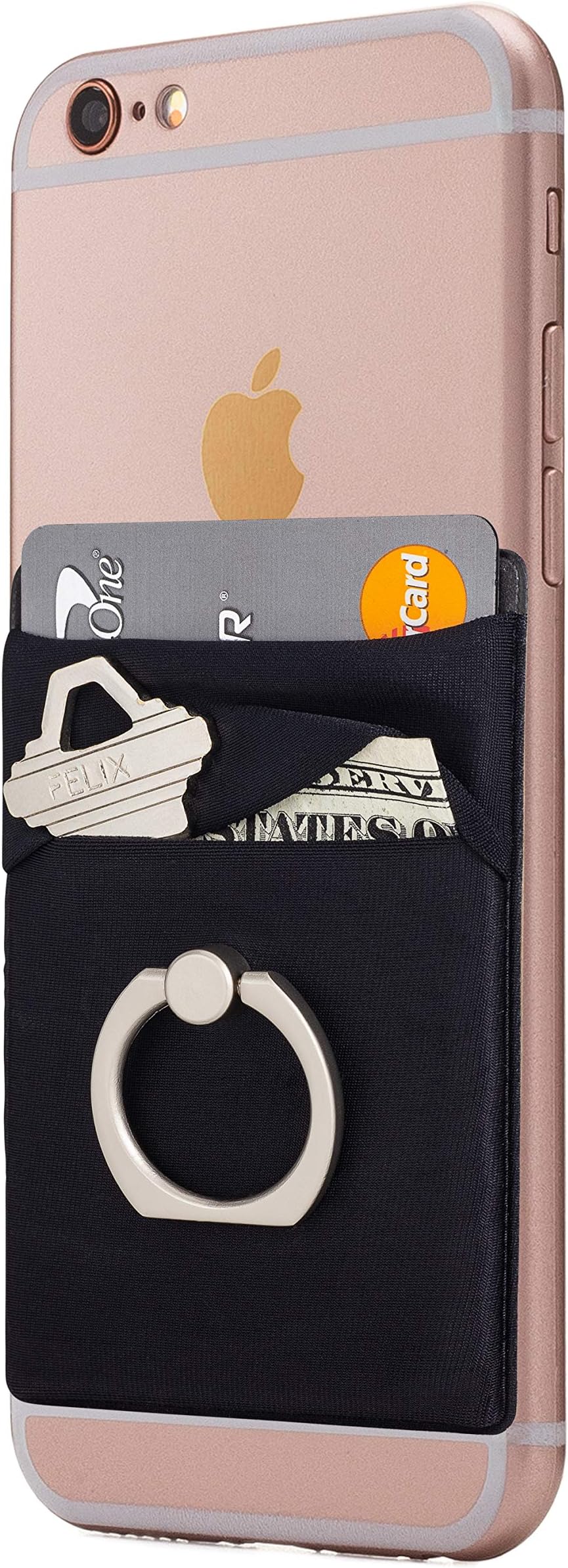 Stretchy Cell Phone Stick On Wallet Card Holder Phone Pocket with Finger Ring for iPhone, Android and All Smartphones. (Black)