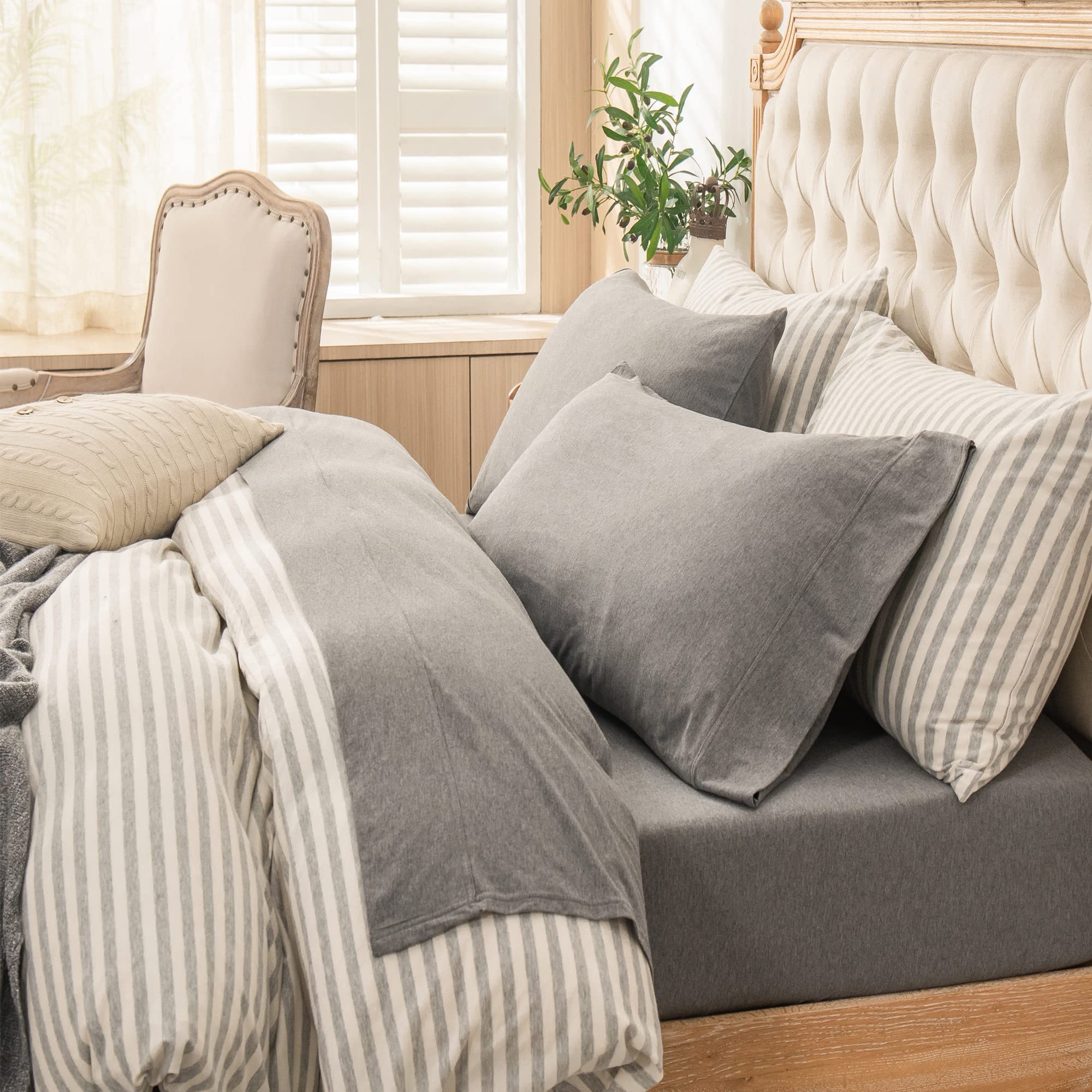 Photo 1 of PURE ERA Jersey Knit 4pc Bed Sheet Set 100% T-Shirt Heather Cotton Super Soft Comfy Breathable Fits Mattress Up to 20" Extra Deep Pocket (Heather Dark Grey, King)