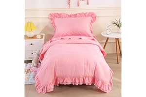 Wowelife Toddler Bedding Set for Girls 4 Piece Ruffle Boho Tufted Fringe Pink Toddler Bed Comforter Sets Jacquard Bed Set Bed in a Bag with Comforter, Flat Sheet, Fitted Sheet, Pillowcase