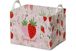 OQFGD Strawberry Laundry Basket, Strawberry Room Decorations, Berry Sweet Foldable Waterproof Canvas Strawberry Nursery Basket With Hard Bottom Square, Toys Gifts Basket, Toys Storage Box and Bins for Girls