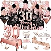 30th Birthday Decorations for Her, 49pcs Black Rose Gold Black Happy 30th Birthday Banner, Tablecloth, Butterfly Decor, Sash and Tiara, Cake Topper, Candles, Balloons Arch