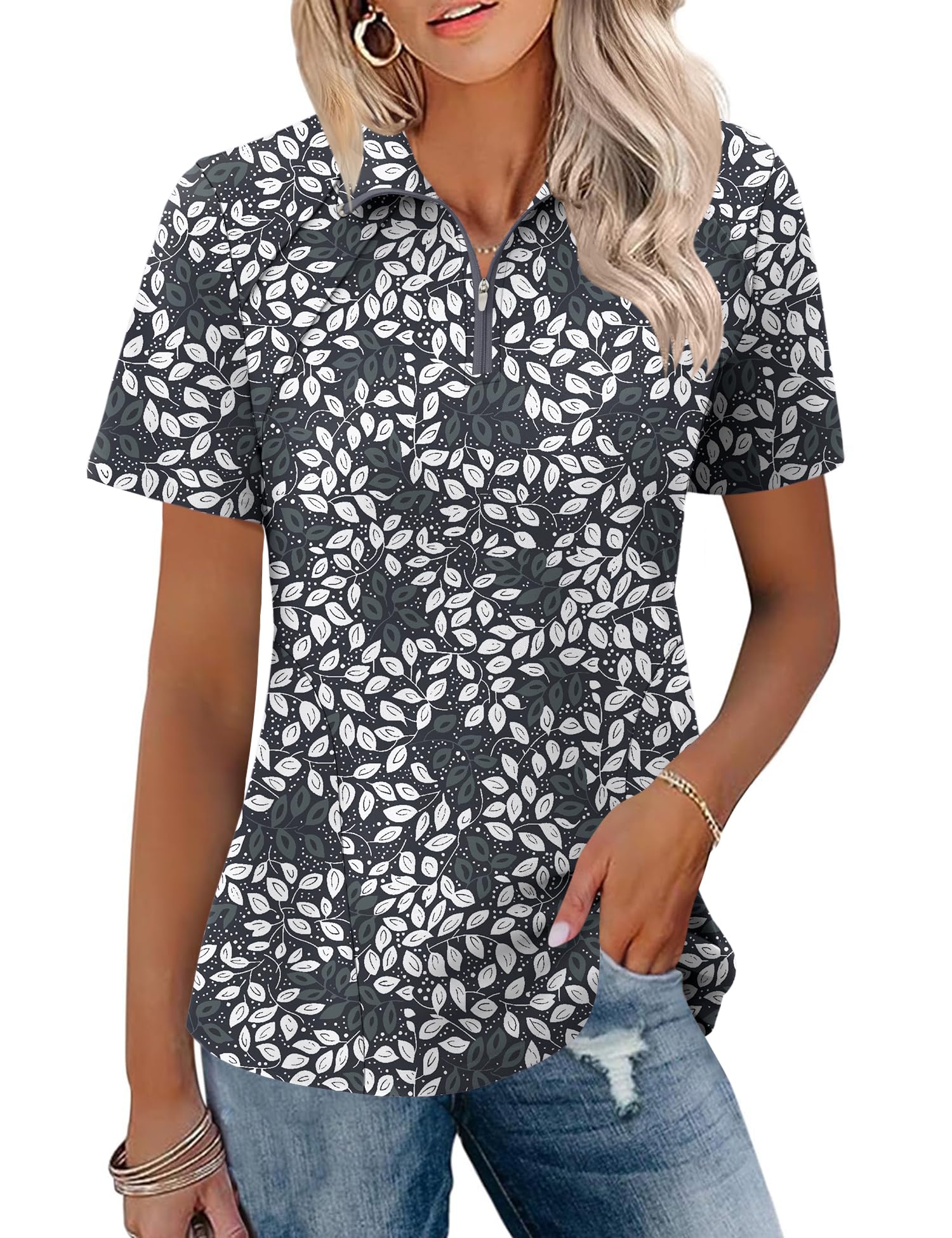 LOMON Polo Shirts Womens 2026 Golf Top Ladies Lightweight Quick Dry Wrinkle Free Moisture Wicking Hawaiian Outfits Cute (Grey White Leaves,Small) Image