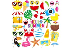 MOSHINING Summer Pool Beach Photo Booth Props 30 Pack Pool, Hawaiian, Beach, Luau Photo Booth Props, Tropical Themed Party with Stick and Glue for Summer/Pool/Tiki/Hawaiian Party Supplies Decor Photobooth Kit