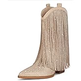 Ouepiano Cowboy Boots for Women - Cowgirl Rhinestone Boots with Sparkly Fringe Pointed Toe Western Boot Chunky Heel Pull-On Wide Calf Botas Vaqueras