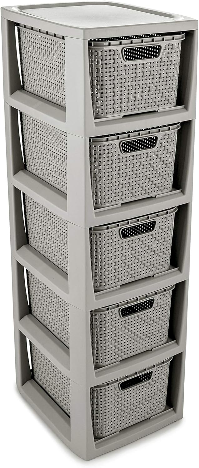 BranQ - Home essential Rek in rotan design, BPA-vrije kunststof PP, lichtgrijs, 29,5 x 24 x 32,8 cm, 2 manden