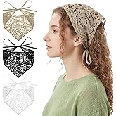 3PCS Crochet Bandanas Headbands, Cute Knitted Crochet Head Scarf, Knit Lace Floral Hollow Kerchief, Hair Accessories for Women, Vintage Hair Bandanas for Hair-Styling and Decor (Beige, Black, Gray)